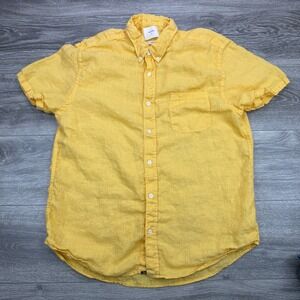 Billy Reid Linen Shirt Mens Large Yellow Short Sleeve Button Down Standard Fit